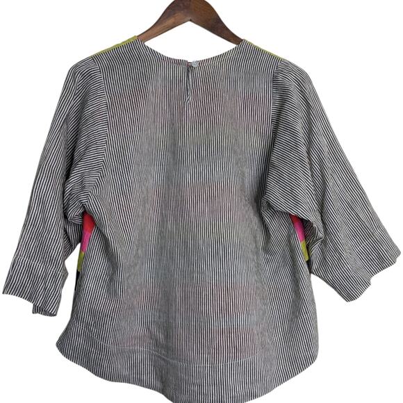 Alembika Mixed Print Media Striped Linen Top Small Multicolor Lagenlook Artsy - Picture 6 of 11